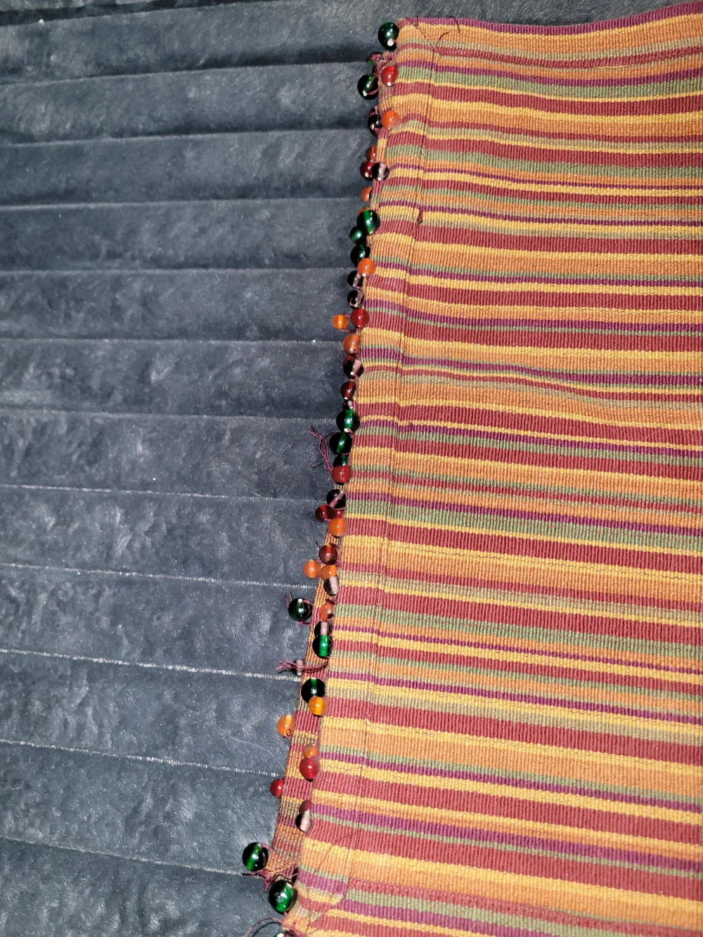 Pier 1 Rust Cloth Napkins with Striped Multicolor Beaded Runner And Napkin Rings